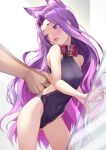  1girl animal_ears bangs bare_shoulders black_leotard breasts cat_ears collar covered_navel fate/grand_order fate_(series) forehead highleg highleg_leotard highres leotard long_hair looking_back medusa_(fate) medusa_(lancer)_(fate) open_mouth parted_bangs purple_collar purple_eyes purple_hair rui_rubellent sidelocks small_breasts solo_focus thighs very_long_hair 