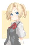  1girl absurdres bangs blonde_hair blouse fyuo grey_eyes highres kantai_collection looking_at_viewer maikaze_(kancolle) neck_ribbon one-hour_drawing_challenge parted_bangs ponytail red_ribbon ribbon school_uniform short_hair smile solo upper_body vest white_blouse 