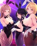  3girls :d animal_ears back-seamed_legwear backless_leotard bangs bare_back bare_shoulders black_bow black_bowtie black_hair black_legwear black_leotard blonde_hair blue_bow blue_bowtie blue_eyes blurry blurry_background blush bow bowtie breast_hold breasts bridal_gauntlets brown_eyes brown_hair brown_legwear cleavage commentary_request cowboy_shot detached_collar disco_ball elbow_gloves eyebrows_visible_through_hair fake_animal_ears finger_to_mouth fishnet_legwear fishnets gloves groin hachimiya_meguru half-closed_eyes half_updo hand_on_ass hand_on_own_ass head_tilt heavy_breathing high_ponytail highleg highleg_leotard highres huge_breasts idolmaster idolmaster_shiny_colors illumination_stars_(idolmaster) indoors kazano_hiori large_breasts latex latex_gloves latex_leotard leotard looking_at_viewer low_ponytail medium_hair mole mole_under_mouth multiple_girls naughty_face open_mouth own_hands_together pantyhose parted_lips playboy_bunny purple_background purple_gloves purple_legwear rabbit_ears rabbit_tail sakuragi_mano satou_kuuki seamed_legwear shiny shiny_clothes short_ponytail sideboob sidelocks sleeveless small_breasts smile standing sweat swept_bangs table tail tareme tongue tongue_out tsurime v white_gloves wing_collar wrist_cuffs 