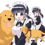  1girl :d animal black_eyes black_hair blush breasts commentary dog eyebrows_visible_through_hair heart highres large_breasts leash maid naitou_kouse original smile tongue tongue_out twintails white_background 