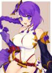  1girl :d bangs bare_shoulders belt bracer braid breasts clenched_hand detached_sleeves eyebrows_visible_through_hair gloves hacco_mayu highres kamimusubi_(p&amp;d) leotard long_hair looking_at_viewer open_mouth pleated_skirt purple_eyes purple_gloves purple_hair puzzle_&amp;_dragons skirt smile solo teeth 