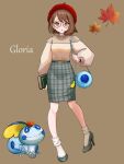  1girl alternate_costume autumn_leaves bag bangs bespectacled blue_bag blush book brown_background brown_eyes brown_hair character_name glasses gloria_(pokemon) green_footwear handbag hat high_heels highres holding holding_book looking_at_viewer plaid plaid_skirt pokemon pokemon_(creature) pokemon_(game) pokemon_swsh red_headwear setta_shu short_hair skirt sobble socks standing symbol-only_commentary themed_object watch wristwatch 
