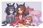  4girls ahoge alarm_clock animal_ears ball bangs bed black_hair blue_eyes book border bottle brown_hair clipboard clock commentary_request drooling eishin_flash_(umamusume) holding holding_clipboard horse_ears horse_girl horse_tail king_halo_(umamusume) long_hair looking_at_viewer medium_hair mouth_drool multiple_girls open_mouth outside_border pajamas purple_eyes raised_eyebrows shoes sitting sleeping smart_falcon_(umamusume) sparkle sweep_tosho_(umamusume) tail track_suit umamusume under_covers white_border yoshida_(ne) 