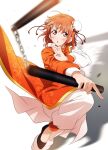  1girl absurdres asymmetrical_clothes blush bun_cover chain chinese_clothes double_bun fighting_stance highres kougi_hiroshi leg_up looking_at_viewer love_live! love_live!_sunshine!! nunchaku orange_hair red_eyes short_hair simple_background solo swinging takami_chika traditional_clothes weapon white_background 