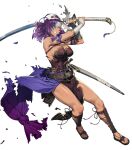  1girl armor bangs bare_shoulders belt breasts clenched_hand clenched_teeth cozy dark_skin dress elbow_gloves eyepatch fire_emblem fire_emblem:_mystery_of_the_emblem fire_emblem_heroes full_body gloves gold_trim highres holding holding_sword holding_weapon large_breasts long_hair looking_away malice_(fire_emblem) muscular muscular_female official_art parted_lips purple_hair red_eyes sheath shiny shiny_hair shiny_skin shoulder_armor solo strapless strapless_dress sword tan teeth toeless_footwear toes torn_clothes transparent_background weapon 