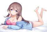  1girl ainy bangs bare_legs barefoot blue_eyes braid breasts brown_hair cleavage closed_mouth collarbone dolphin_shorts eyebrows hair_between_eyes large_breasts legs_up long_hair long_sleeves lying on_stomach original shorts smile 