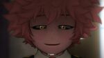  1girl ashido_mina black_sclera blurry blurry_background boku_no_hero_academia close-up colored_sclera colored_skin commentary derivative_work english_commentary english_text epaulettes greatm8 highres looking_down nakitai_watashi_wa_neko_wo_kaburu necktie parted_lips pink_hair pink_skin red_necktie school_uniform shirt short_hair solo subtitled tearing_up u.a._school_uniform white_shirt wing_collar yellow_eyes 