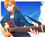  1girl absurdres acoustic_guitar bangs blazer blush cloud cloudy_sky guitar highres instrument jacket long_sleeves looking_at_viewer love_live! love_live!_superstar!! medium_hair music orange_hair playing_instrument plectrum purple_eyes school_uniform shibuya_kanon shiny shiny_hair sky solo upper_body yaa-kun yuigaoka_school_uniform 