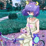  1girl ace_akira bag beige_dress bicycle bicycle_basket blue_eyes bob_cut bush cassette_player cassette_tape dress floating_hair grass ground_vehicle handbag headphones heart jaggy_line looking_at_viewer mouth_hold nail_polish one_eye_covered original pac-man_(game) park pixel_art purple_hair sleeveless sleeveless_dress solo tall_grass tree wind 