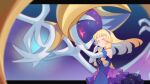  1girl artist_name blonde_hair blue_dress blue_hairband blurry blush closed_eyes commentary_request dress elbow_gloves eyelashes floating_hair gloves gradient_dress hairband hands_up happy letterboxed lillie_(pokemon) long_hair lunala mootecky official_alternate_costume pokemon pokemon_(creature) pokemon_(game) pokemon_masters_ex sleeveless sleeveless_dress smile white_gloves 