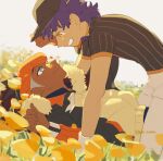  2boys bangs baseball_cap blush champion_uniform closed_mouth collared_shirt dark-skinned_male dark_skin earrings eye_contact field flower flower_field hat hood hoodie jewelry leggings leon_(pokemon) looking_at_another lying male_focus multiple_boys mutsuki_(gm_tumu) on_back orange_headband pokemon pokemon_(game) pokemon_swsh purple_hair raihan_(pokemon) shirt short_hair short_sleeves shorts smile twitter_username undercut white_legwear white_shorts yellow_eyes yellow_flower younger 