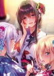  3girls amagasa_tsuzuri blonde_hair blue_eyes blurry blurry_background blush brown_hair character_request depth_of_field fingernails floral_print flower from_behind hair_flower hair_ornament hand_up hanikami_kanojo head_tilt highres japanese_clothes kimono long_hair looking_at_viewer multiple_girls nail_polish open_mouth outdoors parted_lips piromizu pointing purple_hair purple_kimono red_nails shoudou_erena sideways_glance smile yellow_eyes yukata 