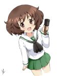  1girl :d akiyama_yukari black_neckerchief blouse brown_eyes brown_hair explosive girls_und_panzer green_skirt grenade holding holding_grenade long_sleeves looking_at_viewer ma-2_(konkon_kitakitsune) messy_hair neckerchief ooarai_school_uniform open_mouth pleated_skirt sailor_collar school_uniform short_hair signature simple_background skirt smile solo white_background white_blouse white_sailor_collar 