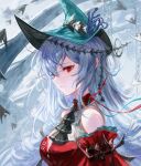  1girl abstract_background aqua_headwear arknights ascot bare_shoulders black_ascot collar detached_collar dress from_side hat highres long_hair long_sleeves official_alternate_costume parted_lips red_collar red_dress red_eyes silver_hair skadi_(arknights) skadi_the_corrupting_heart_(arknights) solo spacelongcat upper_body white_background 
