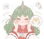 ! !? ? bangs blush cheek_pull closed_eyes closed_mouth collared_shirt commentary_request curly_hair dot_nose facing_viewer flying_sweatdrops green_hair hakurei_reimu hands_on_another&#039;s_cheeks hands_on_another&#039;s_face heart heart_print horns komano_aunn long_hair paw_pose pov pov_hands red_shirt ribbon-trimmed_sleeves ribbon_trim sakurasaka shiba_inu shirt simple_background smile speech_bubble spoken_exclamation_mark spoken_question_mark thick_eyebrows thought_bubble touhou upper_body white_background 
