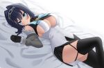  1girl bed black_gloves blue_eyes blue_hair blue_ribbon breasts chain gloves head_chain highres hololive hololive_english knee_up large_breasts looking_at_viewer looking_to_the_side lying nottme on_back ouro_kronii ribbon solo thighhighs virtual_youtuber 