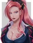  1girl 3_8_2. blue_eyes breast_tattoo breasts cleavage grey_background highres hypnosis_mic ichijiku_kadenokouji lipstick long_hair looking_at_viewer makeup pink_hair simple_background solo tattoo upper_body 