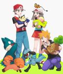  1girl 2boys :d bangs baseball_cap black_footwear black_wristband blue_legwear blue_oak blue_shirt bonsly brown_eyes brown_hair bucket_hat cargo_pants dedenne eyelashes feeding grey_asa hair_flaps hat highres holding holding_pokemon jacket leaf_(pokemon) long_hair loose_socks multiple_boys munchlax on_head open_mouth orange_hair pants pichu pokemon pokemon_(creature) pokemon_(game) pokemon_egg pokemon_frlg pokemon_on_head polo_shirt purple_pants red_(pokemon) red_headwear red_skirt riolu shirt shoes short_hair short_sleeves skirt sleeveless sleeveless_shirt smile spiked_hair standing symbol-only_commentary tongue vulpix white_footwear white_headwear wristband 