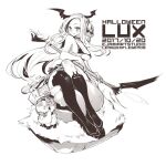  1girl alternate_costume bikini breasts closed_mouth ejami greyscale halloween jack-o&#039;-lantern league_of_legends long_hair looking_at_viewer lux_(league_of_legends) monochrome simple_background smile solo swimsuit thighhighs weapon white_background 