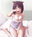  1girl :d animal_ears breasts brown_hair camisole cat_ears cleavage commentary_request eyebrows_visible_through_hair kozue_akari large_breasts looking_at_viewer on_bed one_eye_closed open_mouth original panties red_eyes sitting smile solo strap_slip underwear waking_up wariza white_panties 