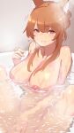  1girl absurdres animal_ear_fluff animal_ears arknights bathtub blush breasts brown_hair commentary completely_nude drooling eyebrows_visible_through_hair feet_out_of_frame female_orgasm fingering fox_ears franka_(arknights) hair_between_eyes highres konigstigerchan large_breasts long_hair looking_at_viewer m_legs masturbation mouth_drool nipples nude orgasm parted_lips partially_submerged red_eyes ripples sidelocks sitting smile solo spread_legs tied_hair trembling wet 