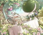  bush cake_stand calyrex chair closed_eyes closed_mouth commentary_request cup flower food highres holding holding_cup leaf mont_blanc_(food) outdoors pokemon pokemon_(creature) polteageist ringo_cha rose sinistea sitting sweets table tea_party teacup teapot tree u_u white_flower white_rose 