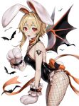  1girl alternate_costume alternate_eye_color animal_ears arm_tattoo bangs bat bat_wings blonde_hair blush bow bowtie breasts bunny_paws english_commentary fake_animal_ears fang fishnet_legwear fishnets genshin_impact heart heart-shaped_pupils highres looking_at_viewer lumine_(genshin_impact) medium_breasts medium_hair open_mouth orange_bow orange_bowtie orange_ribbon playboy_bunny rabbit_ears rabbit_tail red_eyes ribbon saiyone sidelocks simple_background solo symbol-shaped_pupils tail tattoo thighs twitter_username white_background wings wrist_cuffs 