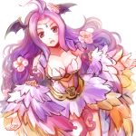 1girl arm_tattoo bangs black_wings breasts cleavage commentary_request demon_wings detached_sleeves dress feet_out_of_frame flower hair_flower hair_ornament head_wings jewelry leg_tattoo long_hair looking_at_viewer manoji medium_breasts nidhoggr_(ragnarok_online) open_mouth parted_bangs pink_flower purple_dress purple_eyes purple_hair purple_sleeves ragnarok_online simple_background solo strapless strapless_dress tattoo very_long_hair white_background wings 