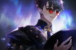  1boy alchemy_stars black_hair earrings glasses hat hat_removed headwear_removed holding holding_clothes holding_hat jewelry kleken_(alchemy_stars) looking_at_viewer male_focus mocca_(mocca_nine) pointy_ears red-tinted_eyewear red_eyes round_eyewear short_hair smile solo tinted_eyewear 