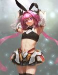  1boy absurdres astolfo_(fate) astolfo_(saber)_(fate) bangs black_gloves black_legwear blush bow bowtie crossdressing detached_sleeves fate/grand_order fate_(series) gloves hair_bow hair_intakes hair_ribbon highres long_hair looking_at_viewer low_twintails male_focus midriff multicolored_hair otoko_no_ko pink_hair purple_eyes ribbon skirt smile solo streaked_hair twintails white_hair wide_sleeves 