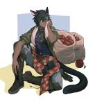  1boy animal_ears apple avatar_(ffxiv) belt black_belt black_gloves black_hair black_tail blanket blue_pants boots brown_footwear buckle cat_boy cat_ears cat_tail checkered_blanket closed_mouth commentary_request covered_abs cross-laced_footwear dark-skinned_male dark_skin eyebrows_visible_through_hair final_fantasy final_fantasy_xiv food fruit full_body gloves gloves_removed green_eyes green_jacket hair_between_eyes hand_on_own_leg hand_up jacket lace-up_boots looking_away male_focus miqo&#039;te mn_(zig_r14) open_clothes open_jacket pants puffy_sleeves sack scar scar_on_face short_hair sitting smile solo tail toned toned_male towel towel_around_neck white_background wiping_face 