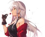  1girl absurdres anceril_sacred bangs bare_shoulders black_gloves breasts candy food gloves green_eyes highres holding jacket lollipop long_hair mishima_kurone neckwear_request open_mouth original red_jacket silver_hair solo tongue tongue_out white_background 