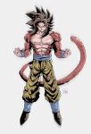  1boy abs bare_pectorals biceps black_hair black_legwear body_fur closed_mouth dexter_soy dragon_ball dragon_ball_gt full_body large_pectorals looking_at_viewer male_focus monkey_boy monkey_tail muscular muscular_male no_nipples obi pants pectorals red_fur sash simple_background solo son_goku spiked_hair super_saiyan super_saiyan_4 tail torn_clothes wristband yellow_eyes yellow_pants 