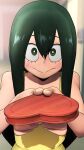  1girl :&gt; asui_tsuyu bare_shoulders blurry blurry_background boku_no_hero_academia box bright_pupils commentary dress english_commentary greatm8 green_eyes green_hair hair_between_eyes hallway heart-shaped_box highres indoors long_hair looking_at_viewer school sidelocks solo upper_body valentine white_pupils yellow_dress 