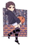  1girl asymmetrical_hair bat brown_eyes brown_hair calponpon commentary hair_ornament hairclip halloween hood hoodie iwakura_lain jack-o&#039;-lantern looking_at_viewer no_mouth serial_experiments_lain short_hair shorts solo striped striped_legwear thighhighs x_hair_ornament 