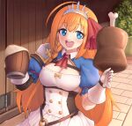  1girl ahoge alcohol armor ascot bangs beer beer_mug blue_eyes boned_meat bow braid breasts buttons cleavage cleavage_cutout clothing_cutout corset cup double-breasted eyebrows_visible_through_hair food gloves hair_ribbon highres holding jacy long_hair looking_at_viewer meat medium_breasts mug open_mouth orange_hair pauldrons pecorine_(princess_connect!) plant potted_plant princess_connect! puffy_short_sleeves puffy_sleeves ribbon round_teeth short_sleeves shoulder_armor shrug_(clothing) side_braid single_pauldron solo teeth tiara upper_teeth 