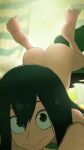  1girl :&gt; ass asui_tsuyu backlighting bangs bedroom black_hair blurry blurry_background boku_no_hero_academia chair commentary curtains english_commentary foreshortening greatm8 green_eyes hair_between_eyes highres indoors long_hair looking_at_viewer nude office_chair on_floor parted_bangs selfie soles solo source_filmmaker_(medium) spread_legs top-down_bottom-up 