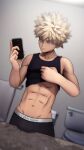  1boy 3d :| abs bakugou_katsuki bare_shoulders bathroom black_male_underwear blonde_hair boku_no_hero_academia boxers brand_name_imitation bulge calvin_klein closed_mouth clothes_lift collarbone commentary english_commentary greatm8 highres holding holding_phone looking_away male_focus male_underwear muscular muscular_male navel phone product_placement red_eyes selfie shirt_lift short_hair solo source_filmmaker_(medium) spiked_hair tank_top toilet underwear 