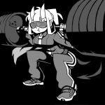  1girl alternate_costume bangs black_background breasts commentary demon_girl demon_horns full_body greyscale helltaker horns jacket large_breasts long_hair loremaster_(helltaker) monochrome pants ponytail pout shirt shoes simple_background solo sweat track_suit vanripper weightlifting 