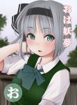  1girl black_hairband blush bow bowtie commentary_request green_bow green_bowtie green_eyes green_vest grey_hair hairband hand_in_hair hand_up konpaku_youmu kozue_akari looking_at_viewer medium_hair parted_lips shirt short_sleeves solo touhou translated upper_body vest white_shirt 