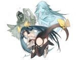  1boy 2girls angel_wings ass asymmetrical_wings back bangs bare_shoulders bent_over black_legwear black_panties blue_hair breasts butt_crack detached_sleeves dizzy_(guilty_gear) finger_to_cheek finger_to_face from_behind guilty_gear guilty_gear_xrd hair_ribbon hair_rings high_heels highres korean_commentary large_breasts long_hair looking_back monster_girl multiple_girls necro_(guilty_gear) panties red_eyes ribbon shoe_loss shoes signature single_shoe suvin_(mononochi) tail thigh_strap thighhighs thighs twintails underwear undine_(guilty_gear) wings yellow_ribbon 