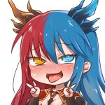  1girl ahegao bangs blue_eyes blue_hair blue_horns blush breasts bright_pupils chibi cleavage commission commissioner_upload double_v dragon_girl dragon_horns dress eyebrows_visible_through_hair gem hands_up heterochromia horns inferna_dragnis jewelry large_breasts long_hair monster_girl multicolored_hair multicolored_horns necktie open_mouth orange_eyes original pale_skin red_hair red_horns rolling_eyes solo split-color_hair standing sweat symbol-shaped_pupils tongue tongue_out transparent_background two-tone_hair usagi1923 v white_pupils 