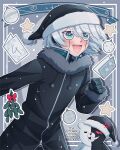  :d anger_vein bangs black_gloves black_headwear black_jacket blush cheer_(cheerkitty14) danganronpa_(series) danganronpa_v3:_killing_harmony english_text fur-trimmed_jacket fur_trim glasses gloves green_eyes grey_background grey_hair happy hat highres jacket keebo long_sleeves male_focus monokuma open_mouth outline shiny shiny_hair short_hair smile solo star-shaped_pupils star_(symbol) symbol-shaped_pupils white_outline 