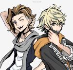  2boys ;d artist_name black_choker blonde_hair blue_eyes brown_hair choker ear_piercing earrings fret_(ntwewy) grey_eyes hand_up highres hood hood_down jewelry kakikuyeko3181 male_focus mask multiple_boys necklace one_eye_closed open_mouth piercing rindo_(ntwewy) shin_subarashiki_kono_sekai smile subarashiki_kono_sekai twitter_username 