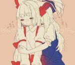  2girls =_= bad_id bad_tumblr_id bangs blue_headwear blunt_bangs blush bow collared_shirt commentary_request couple cuddling embarrassed en_or eyebrows_visible_through_hair eyes_visible_through_hair facing_viewer flying_sweatdrops fujiwara_no_mokou furrowed_brow hair_bow half_updo hat heart hug hug_from_behind kamishirasawa_keine long_hair long_sleeves motion_lines multiple_girls no_nose nose_blush pink_background puffy_long_sleeves puffy_short_sleeves puffy_sleeves shirt short_sleeves sidelocks simple_background sleeve_garter spot_color suspenders sweat tokin_hat touhou upper_body very_long_hair wing_collar yuri 