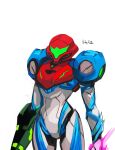 1girl 33dot absurdres arm_cannon armor glowing gun helmet highres looking_at_viewer metroid metroid_dread power_armor power_suit samus_aran science_fiction simple_background solo upper_body weapon 