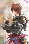  1boy armor bag black_gloves coffee_grinder cup fingerless_gloves gloves granblue_fantasy hair_between_eyes highres holding holding_cup holding_plate indoors kakikuyeko3181 plant plate potted_plant profile red_eyes sandalphon_(granblue_fantasy) solo steam teacup 