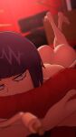  1girl ass audio_jack bed bedroom black_eyes blue_hair blurry blurry_background blurry_foreground blush boku_no_hero_academia commentary crossed_legs drum drum_set english_commentary face_in_pillow feet foreshortening greatm8 half-closed_eyes highres holding holding_pillow indoors instrument jirou_kyouka long_earlobes looking_at_viewer nude pillow selfie short_hair solo source_filmmaker_(medium) sweatdrop 