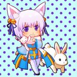  1girl :3 animal_around_neck animal_ear_fluff animal_ears arch_bishop_(ragnarok_online) bangs bell black_footwear blue_background blue_dress blush bunny cat cat_ears chibi commentary_request cross dress eyebrows_visible_through_hair fishnet_legwear fishnets floral_background frilled_legwear full_body hair_bell hair_ornament high_heels highres jingle_bell juliet_sleeves light_purple_hair long_sleeves looking_at_viewer manoji puffy_sleeves purple_eyes ragnarok_online sash short_hair solo thighhighs two-tone_dress white_cat white_dress white_legwear yellow_sash 