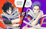  2boys alternate_universe bangs black_gloves black_hair blue_shirt boku_no_hero_academia english_commentary english_text eraser_head_(boku_no_hero_academia) fingerless_gloves gloves grey_hair grey_scarf hair_between_eyes highres looking_at_another male_focus multicolored_hair multiple_boys purple_background purple_hair red_shirt scarf shinsou_hitoshi shirt short_sleeves speech_bubble trevo_(trevoshere) two-tone_hair u.a._gym_uniform upper_body vs white_shirt 